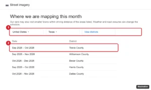 Street imagery collection schedule page showing country and region filters and a table of dates and districts where mapping cars will drive