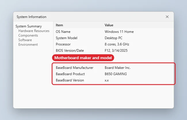 System Information window with BaseBoard Manufacturer and Product highlighted