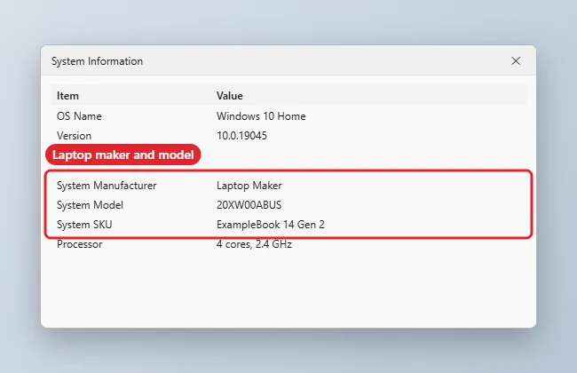 System Information with System Manufacturer and System Model highlighted