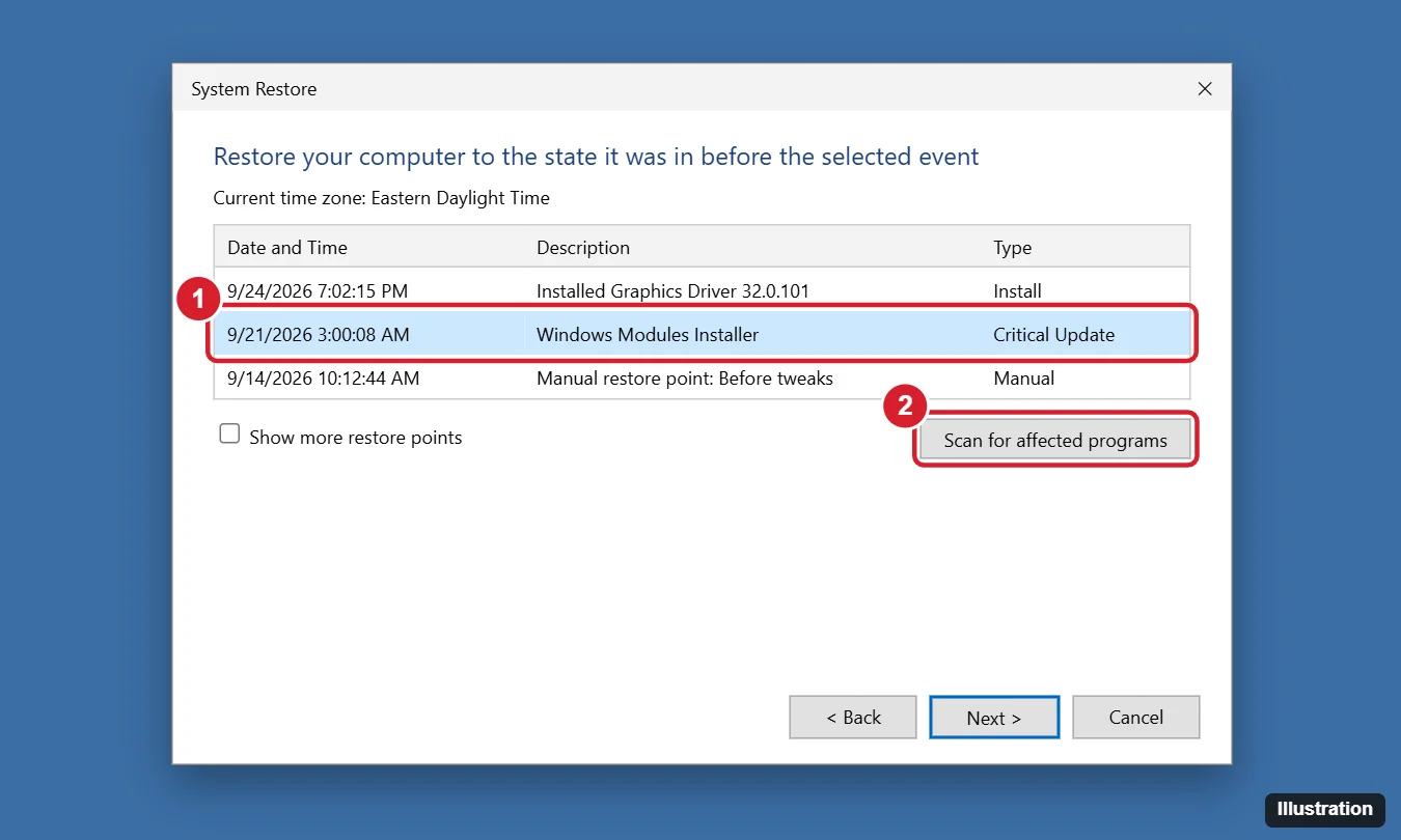 How to Restore Windows to a Previous Date (System Restore Guide) 1 System Restore window listing restore points with one selected and the Scan for affected programs and Next buttons highlighted