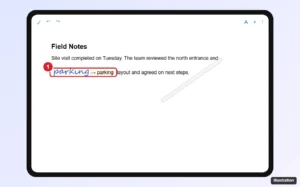 Tablet document editing app with a stylus writing a word in the text area that converts to typed text