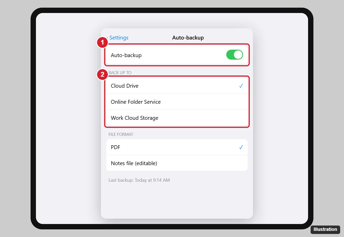 How to Back Up Goodnotes to Google Drive (Auto-backup) 1 Tablet notes app settings with Auto-backup turned on, the cloud drive service selected, and PDF chosen as the backup format
