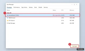 Task Manager Processes tab with a spreadsheet app marked Not responding and the End task button highlighted