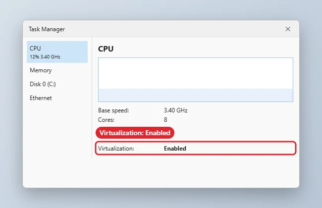 How to Turn On Hardware Virtualization (VT) in Windows 10 1 Task Manager Performance CPU page with Virtualization Enabled highlighted