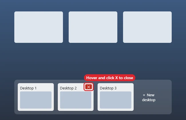 Task View with desktop thumbnails and the close button on Desktop 2