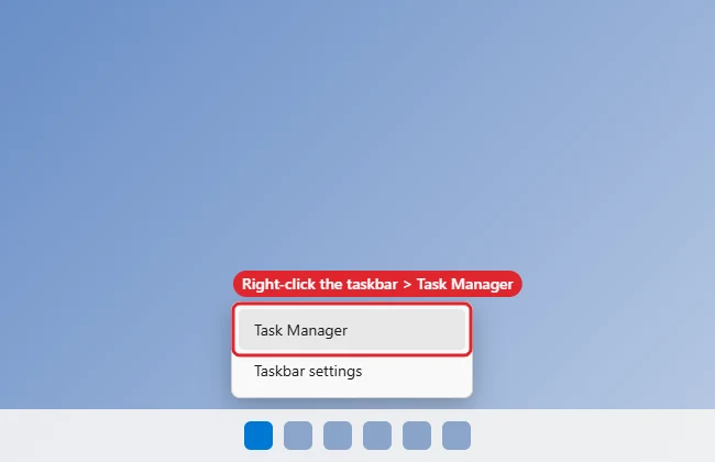 How to Open Task Manager in Windows 11 1 Right-click menu on the taskbar with Task Manager highlighted
