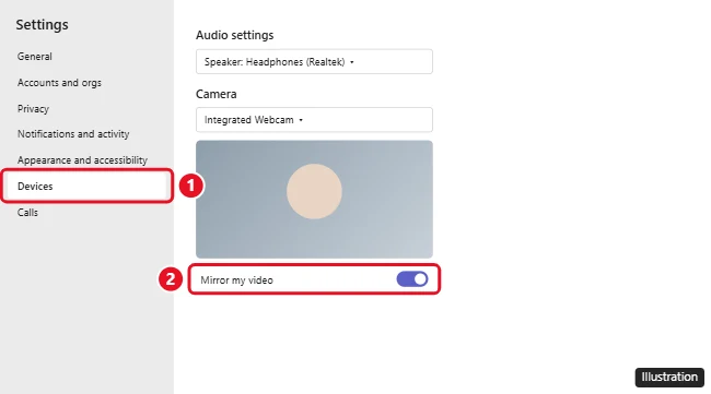 How to Mirror or Flip Your Webcam on Windows 11 and 10 1 Microsoft Teams Settings Devices page with the Mirror my video switch highlighted under Camera