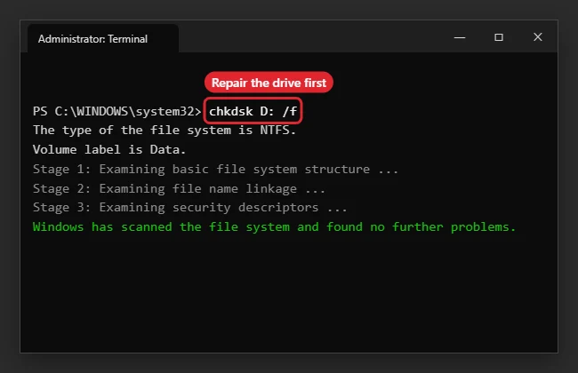 How to Delete Corrupted Files in Windows 11 1 Administrator terminal running chkdsk with the fix option to repair a drive before deleting a corrupted file