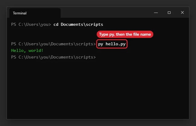 How to Run a Python Script in Windows 1 Terminal window running a Python script with the py command
