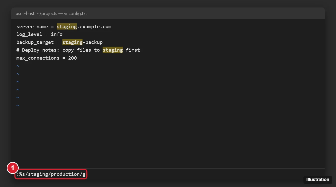 Terminal running the vi editor with a text file open and a substitute command typed at the bottom to replace one word with another throughout the file