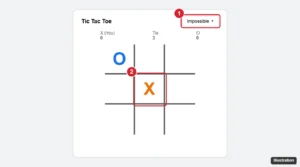 Tic tac toe game with the Impossible difficulty setting and a center-first opening move highlighted