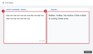 Online translator with a repeated nonsense word in the source box and an unexpected sentence in the translation box