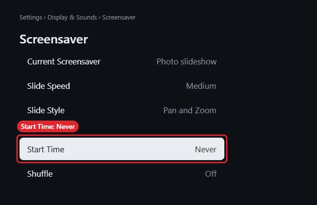 TV streaming stick screensaver settings with Start Time set to Never highlighted