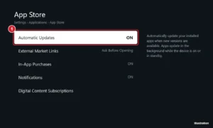 TV streaming device settings for the app store with Automatic Updates set to On
