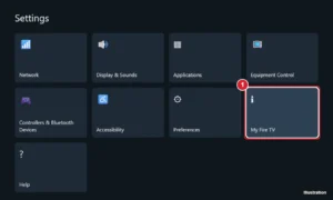 Streaming stick Settings screen on a TV with the My Fire TV tile highlighted