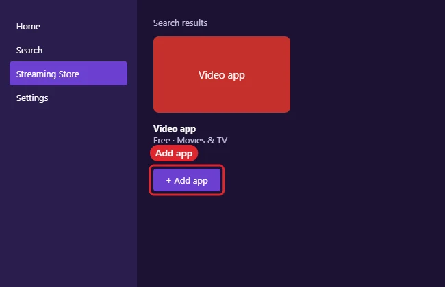 How to Get Google on Roku (What Works in 2026) 1 TV streaming store search results with a video app tile and Add app button highlighted