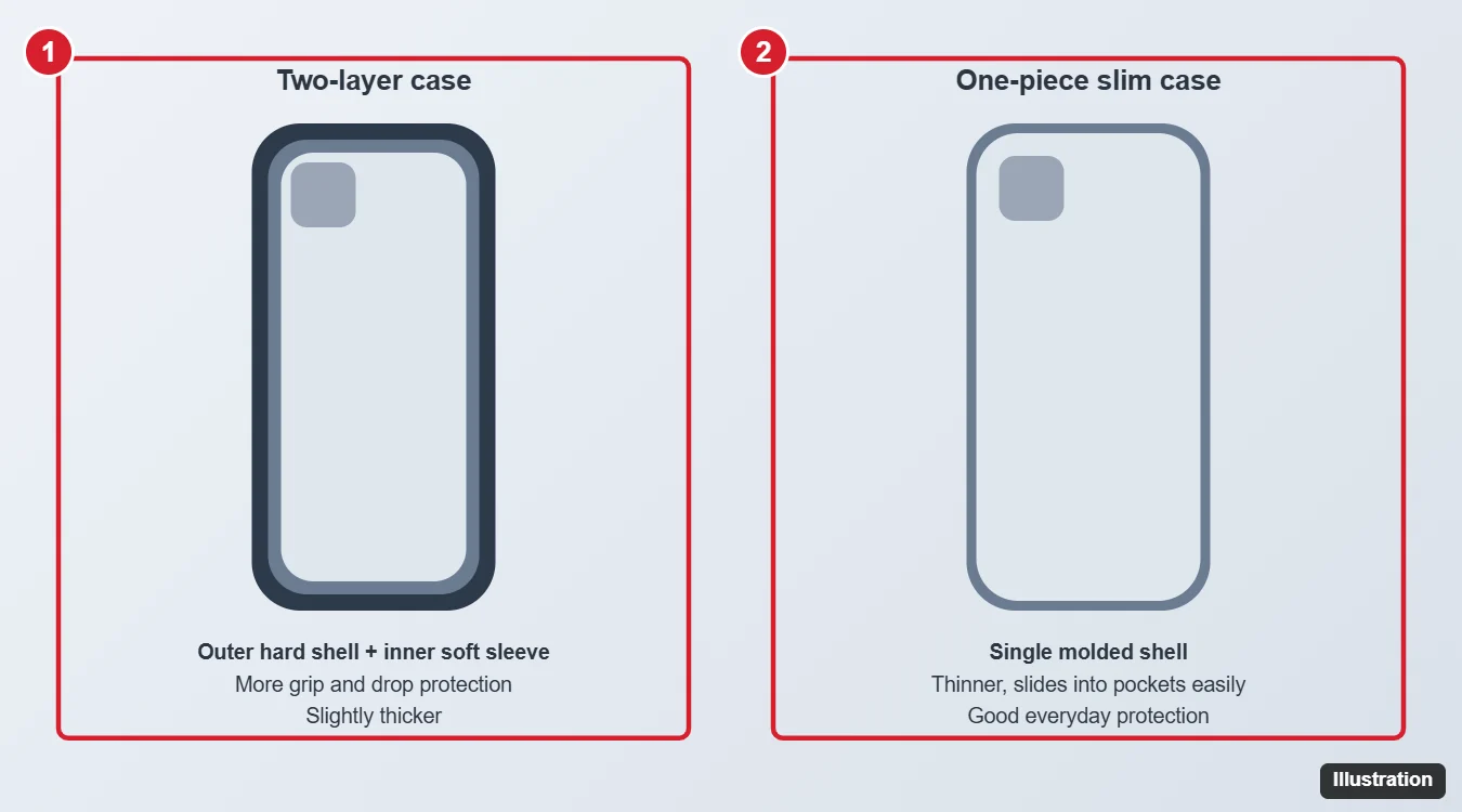 Diagram comparing a two-layer phone case with an inner sleeve and outer shell to a one-piece slim case
