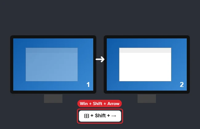 How to Move Apps From One Screen to Another in Windows 10 1 Two monitors side by side with a window moving from the left screen to the right screen and the shortcut Win Shift Right Arrow