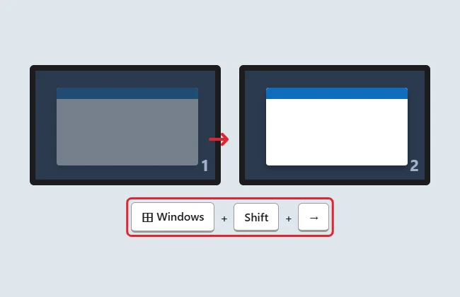 How to Make a Program Open on a Specific Monitor in Windows 1 Two monitors with an app window moving from the left screen to the right screen and the keyboard shortcut Windows Shift Right Arrow shown