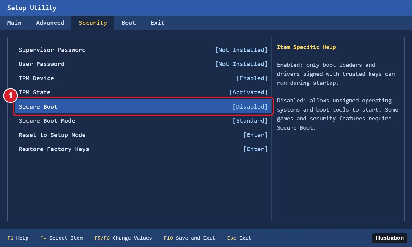 How to Turn Off Secure Boot on Windows 11 1 UEFI firmware setup Security tab with the Secure Boot option highlighted and set to Disabled