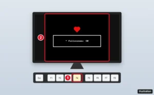 Illustration of a monitor showing a 4:3 game window with side borders in fullscreen, and the F4 key highlighted on a keyboard
