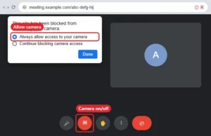 Browser video meeting with the address bar camera permission popup set to Allow and the camera button in the meeting toolbar