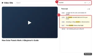 Video page with the transcript panel open on the right and the browser find bar searching the transcript for a word, with matching timestamped lines highlighted