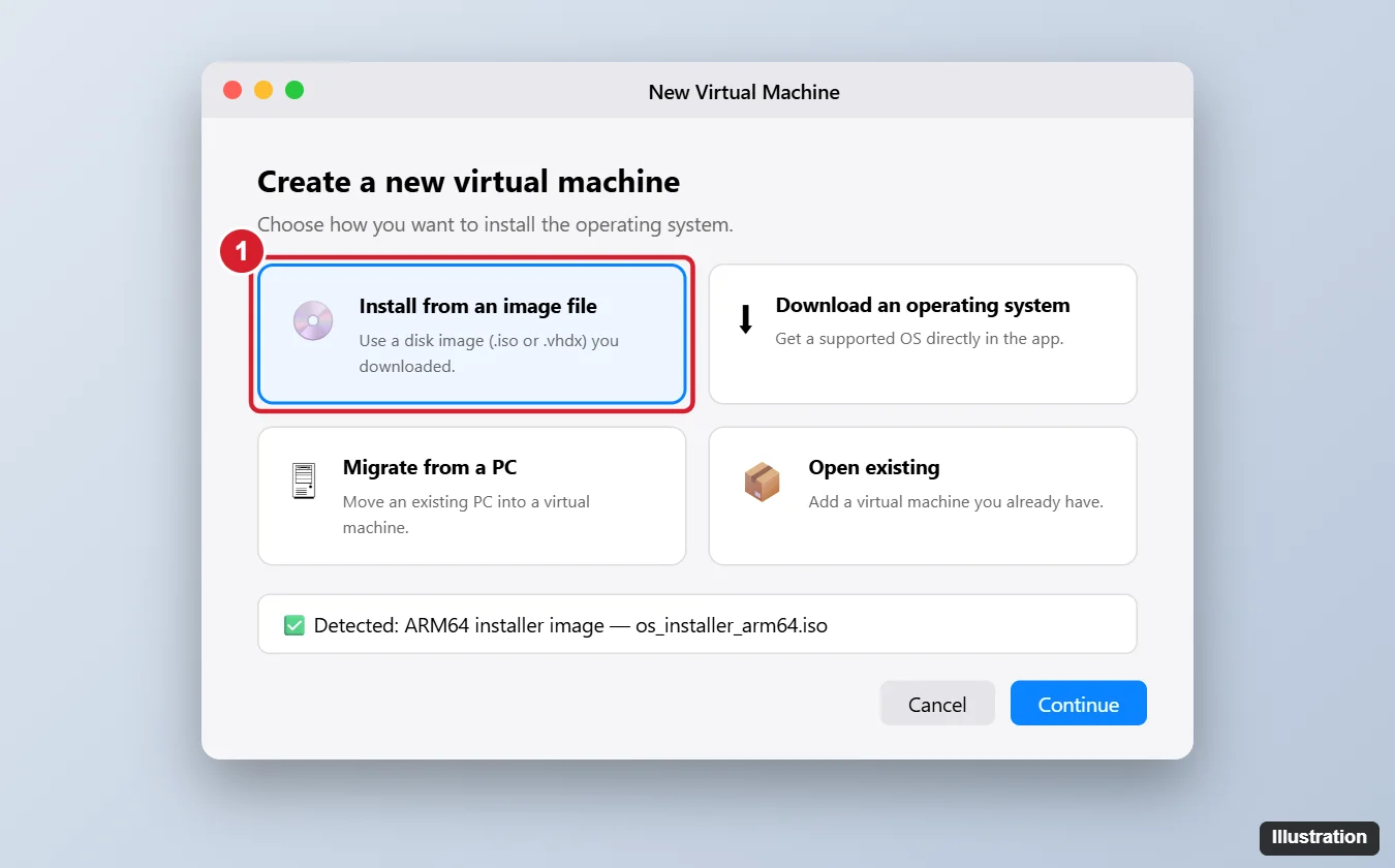 How to Get Windows on a Mac (Apple Silicon and Intel) 1 Mac virtual machine app creation assistant offering to download and install an ARM version of Windows, with an option to use an existing image file