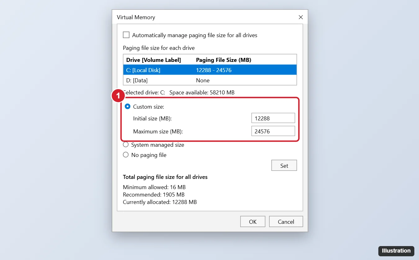 How to Add Virtual RAM in Windows 10 1 Virtual Memory dialog with Automatically manage paging file size unchecked, drive C selected, Custom size chosen with initial and maximum sizes entered and highlighted, and the Set button