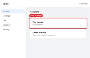 Calling app web Settings page with the Account section and phone number highlighted