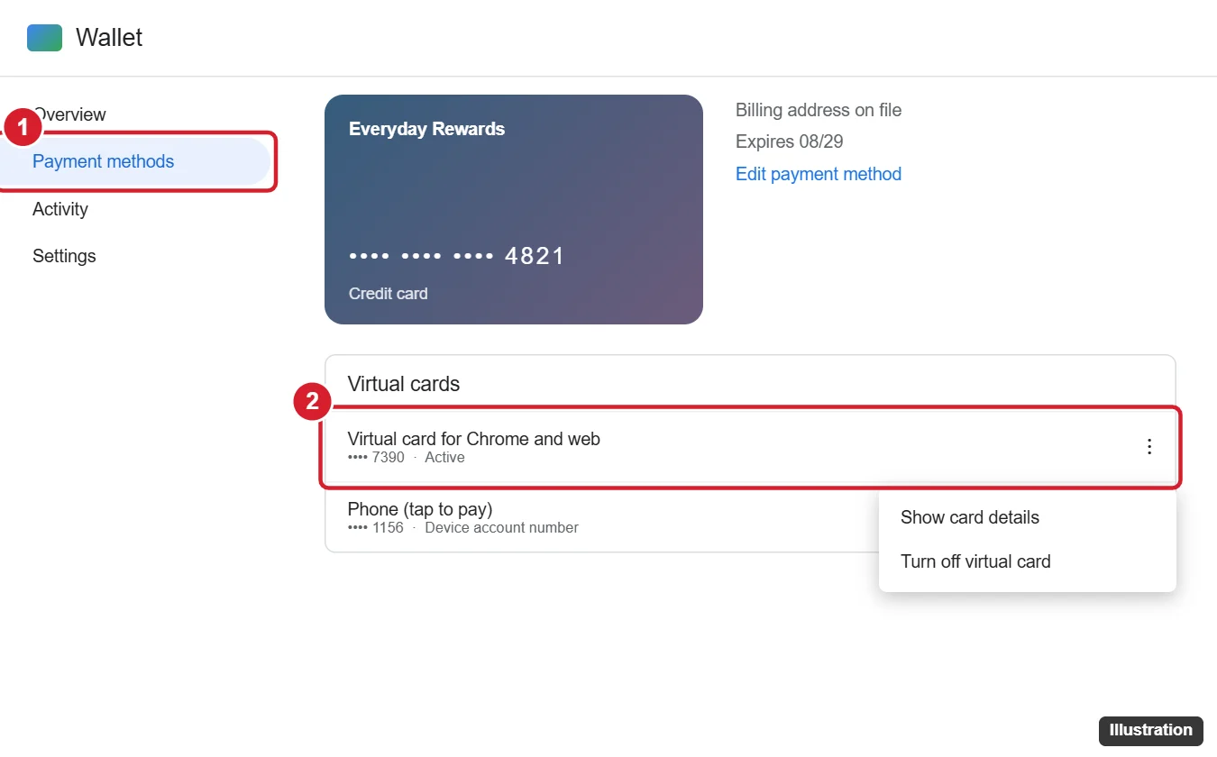 How to See the Full Card Number on Google Pay (Google Wallet) 1 Wallet website Payment methods page with a card open, the virtual card list and the three dot menu option to show card details highlighted