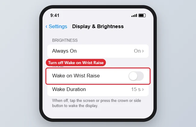 Watch display settings with Wake on Wrist Raise switched off