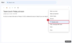 Webmail with an open message and the More options menu showing Create event highlighted to add the email to the calendar