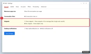 Webmail settings General tab with the Snippets option set to No snippets to hide message previews in the inbox