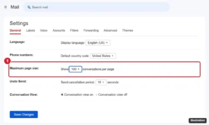 Webmail general settings with the maximum page size set to show 100 conversations per page