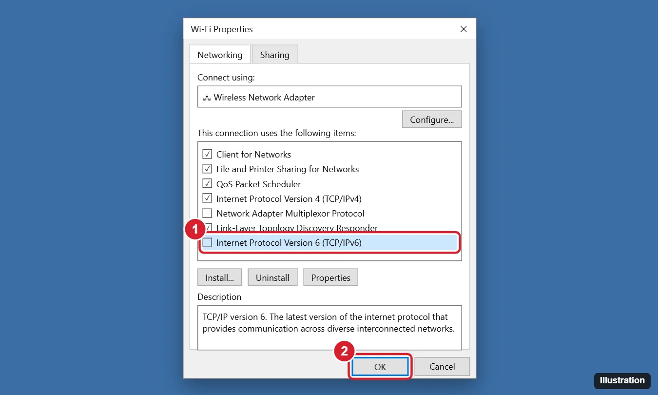 Wi-Fi adapter Properties dialog with the Internet Protocol Version 6 (TCP/IPv6) checkbox cleared and the OK button highlighted