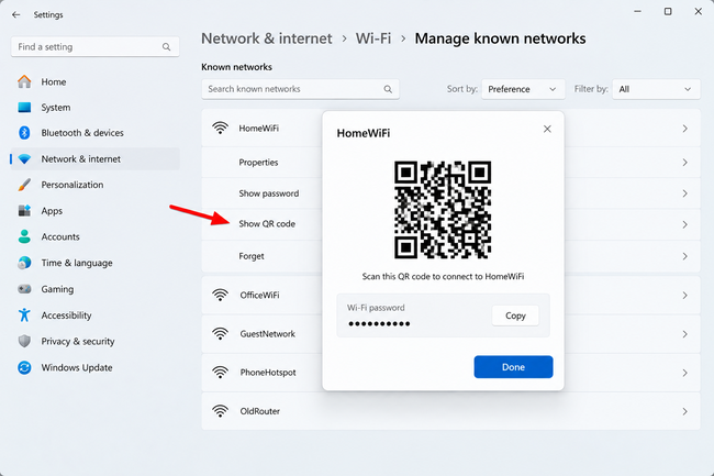 How to Share a Wi-Fi Password with a QR Code in Windows 11 1 Windows 11 Wi-Fi settings showing a QR code for sharing a saved network
