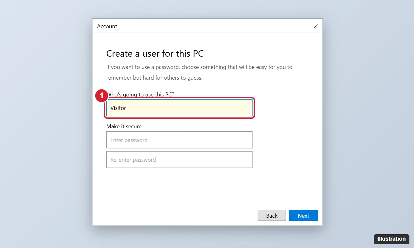 How to Add a Guest Account on Windows 10 (What Actually Works) 1 Windows 10 Create a user for this PC dialog with the user name Visitor typed and password fields left blank for a standard local account