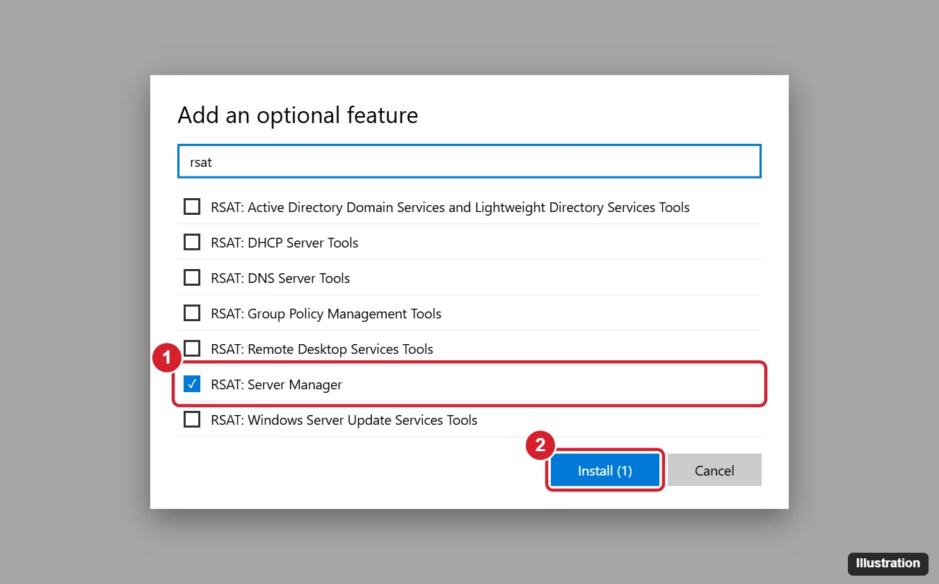 Windows 10 Add an optional feature dialog with rsat searched and RSAT Server Manager checked, and the Install button highlighted