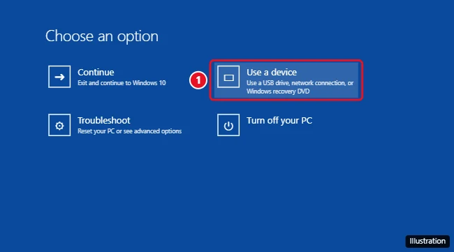 How to Boot Windows 10 From USB 1 Windows 10 advanced startup Choose an option screen with Use a device highlighted for booting from a USB drive