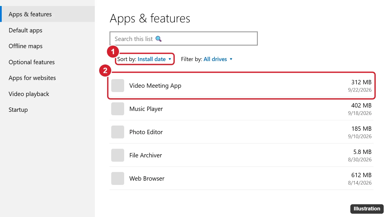 How to Sort Programs by Most Recently Installed in Windows 10 1 Windows 10 Apps and features with Sort by set to Install date and the newest app at the top of the list