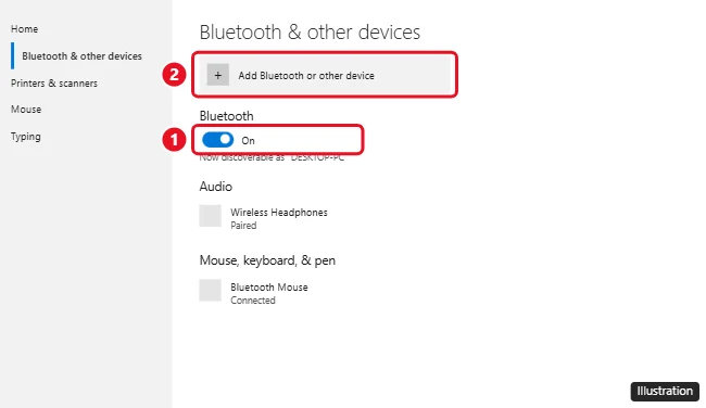 How to Turn On Bluetooth in Windows 10 1 Windows 10 Settings Bluetooth and other devices page with the Bluetooth switch turned on and Add Bluetooth or other device highlighted