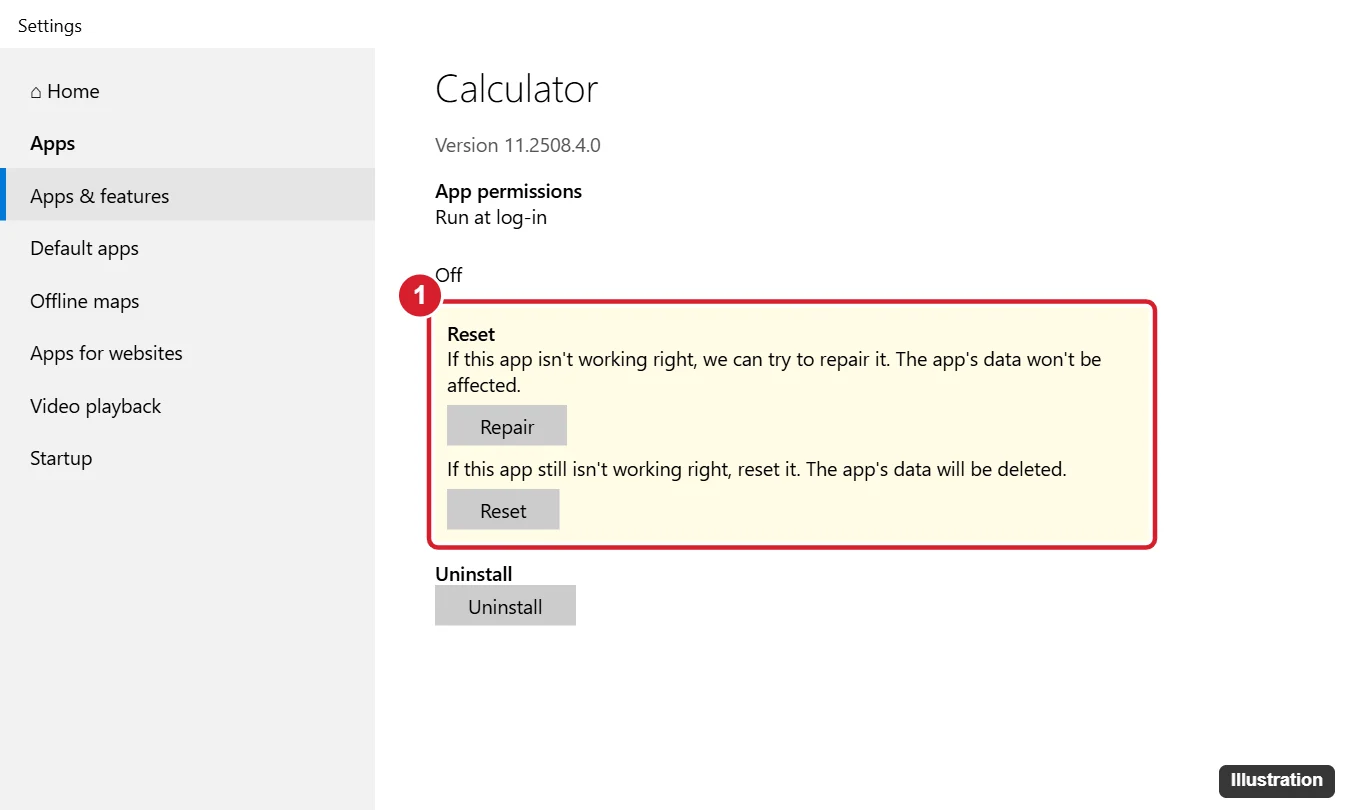 How to Reinstall Calculator on Windows 10 (4 Ways) 1 Windows 10 Settings app Advanced options page for the calculator app with the Repair and Reset buttons highlighted