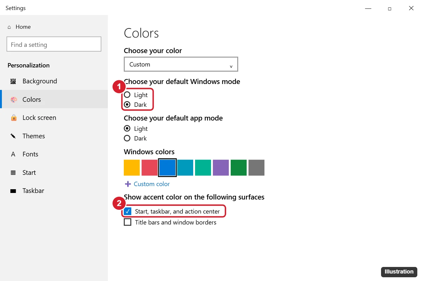 How to Change the Taskbar Color in Windows 10 (and Fix a Grayed-Out Option) 1 Windows 10 Colors settings with default Windows mode and the Start, taskbar, and action center checkbox highlighted