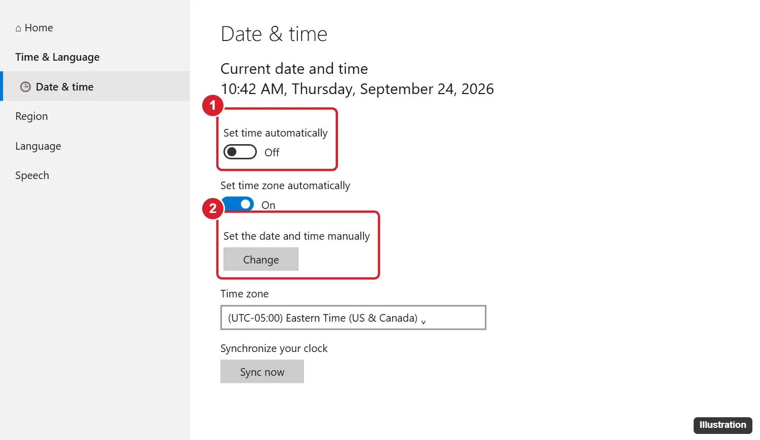 How to Change the Time and Time Zone on Windows 10 1 Windows 10 Date and time settings with Set time automatically turned off and the Change button highlighted