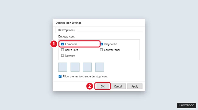 How to Add a This PC Shortcut to the Desktop in Windows 10 1 Windows 10 Desktop Icon Settings dialog with the Computer checkbox checked to show This PC on the desktop