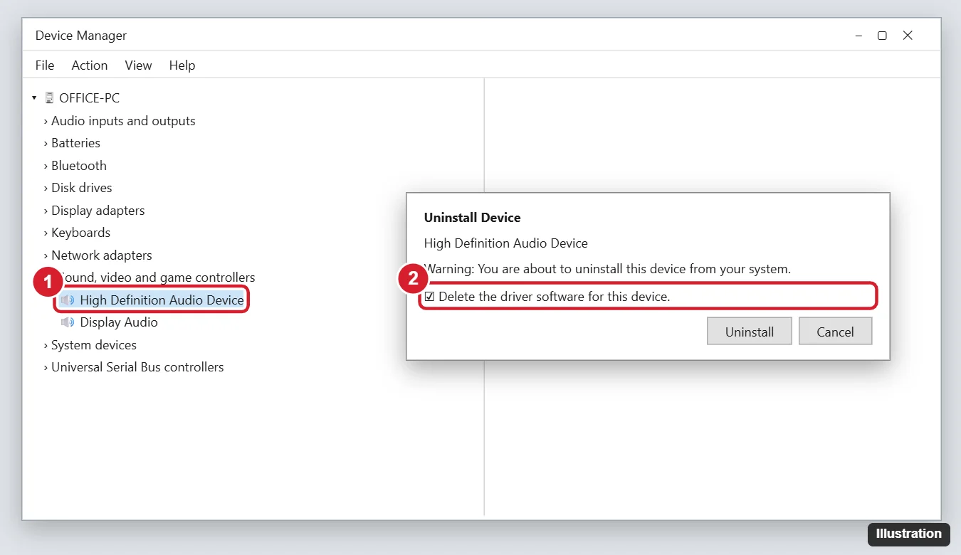 How to Reinstall the Realtek Audio Driver in Windows 10: A Step-by-Step Guide 1 Windows 10 Device Manager with the Sound, video and game controllers audio device selected and the Uninstall Device dialog highlighted
