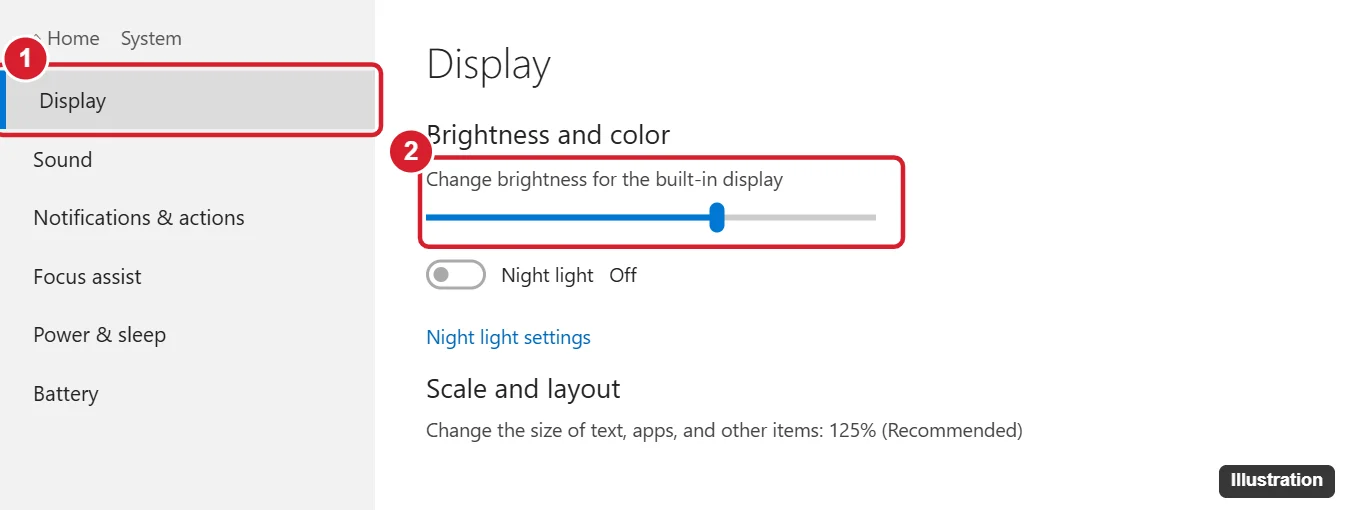How to Adjust Brightness in Windows 10 1 Windows 10 Settings Display page with the Change brightness for the built-in display slider highlighted