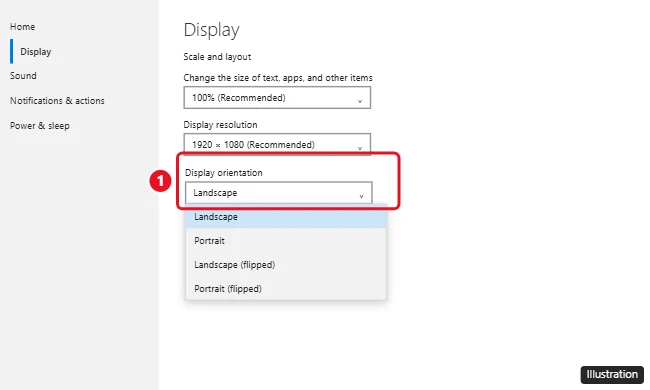 Windows 10 Display settings with the Display orientation drop-down open showing Landscape, Portrait, Landscape (flipped), and Portrait (flipped)