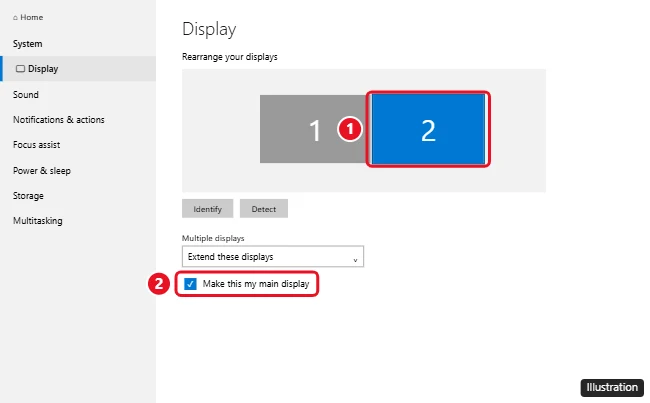 How to Change the Primary Monitor in Windows 10 (and Shortcuts) 1 Windows 10 Display settings with monitor 2 selected and the Make this my main display checkbox highlighted